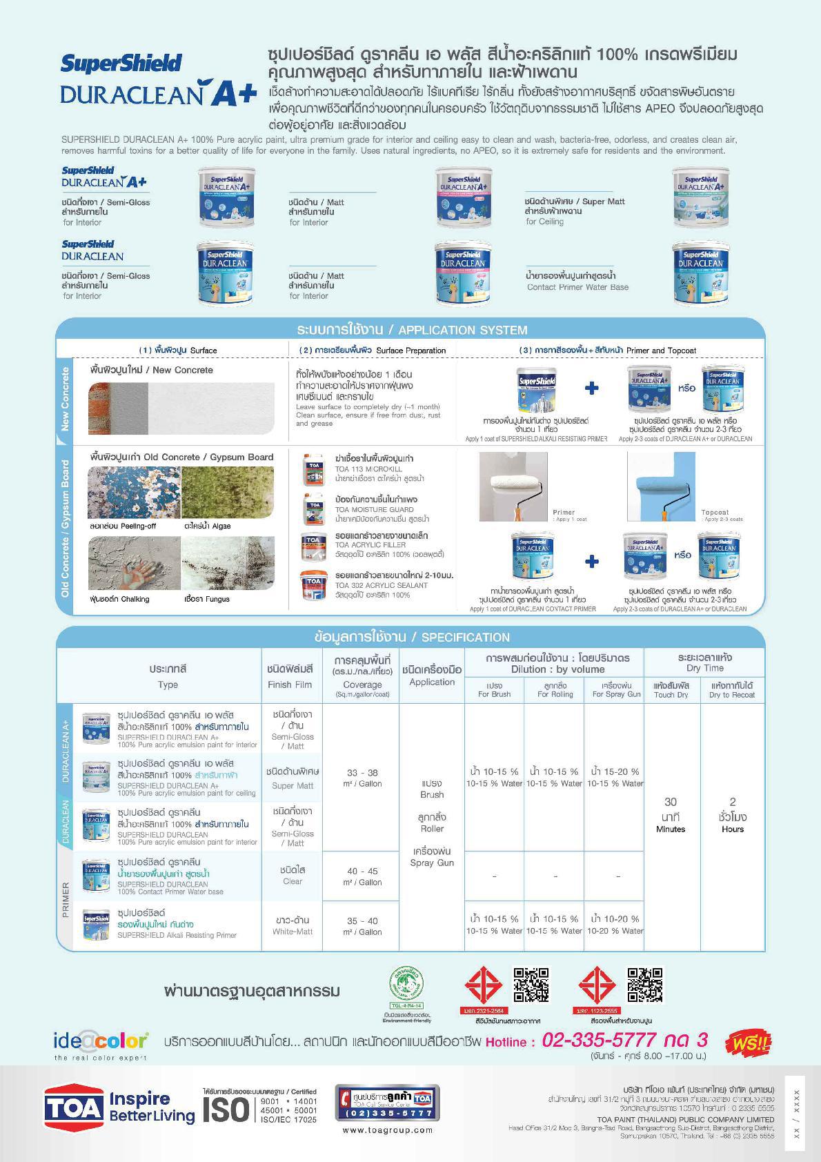 ซุปเปอร์ชิลด์ ดูราคลีน เอ พลัส สีน้ำอะคริลิค ชนิดด้าน # เบส A / Toa SuperShield Duraclean A+ Matt