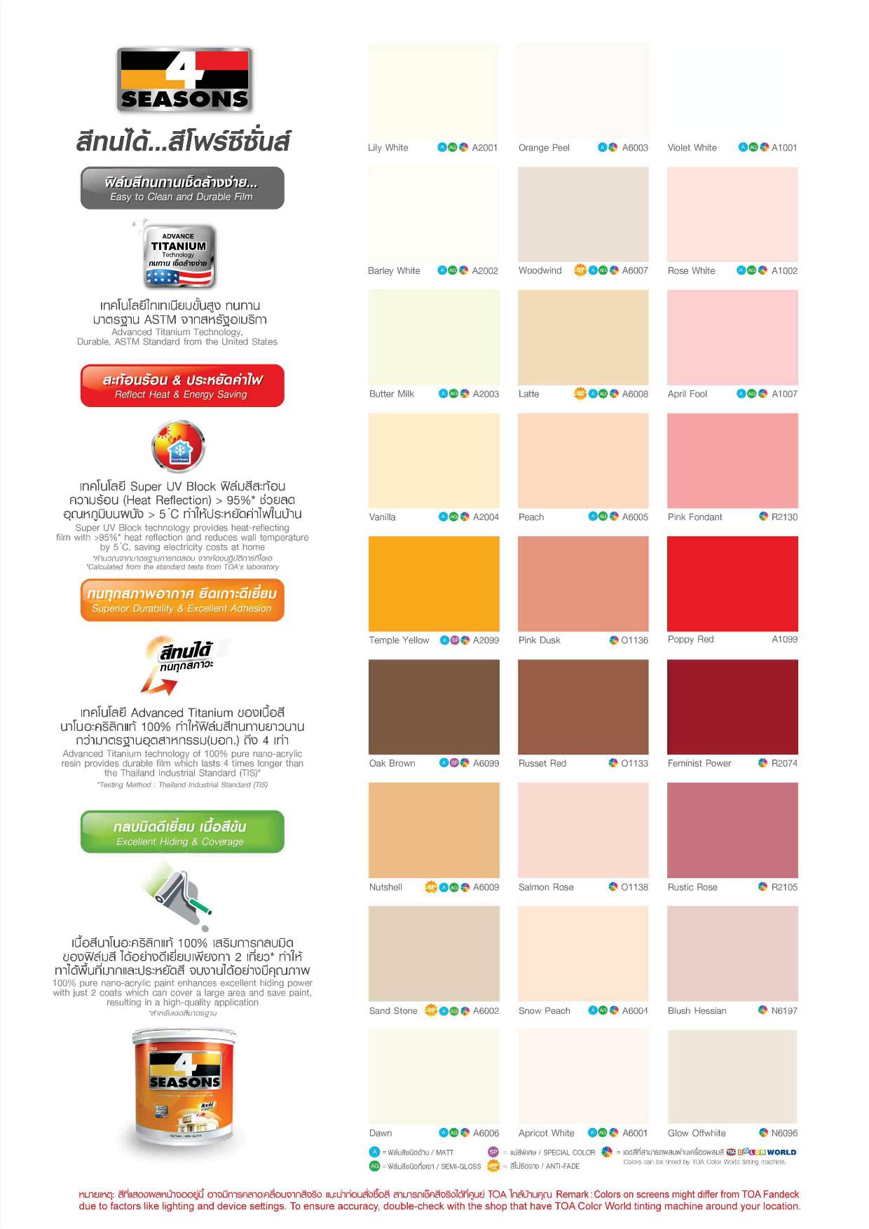 โฟร์ซีซั่น สีน้ำอะคริลิค ชนิดกึ่งเงา สำหรับภายนอกและภายใน เบสA / Toa 4Seasons Semi-Gloss for Exterior and Interior
